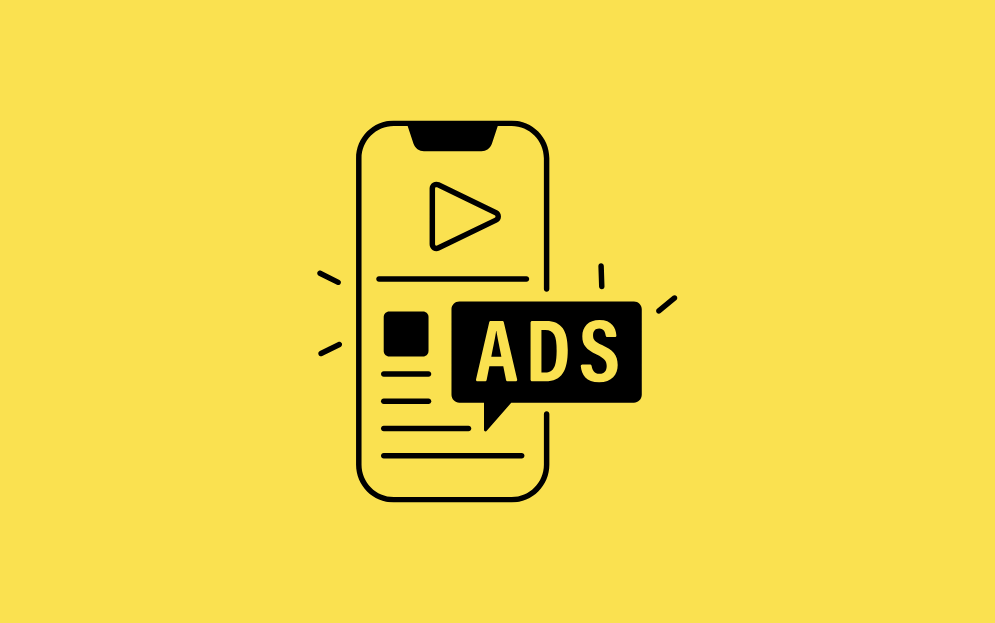 Icono minimalista de smartphone con anuncios digitales, ilustrando retargeting B2B en fondo amarillo