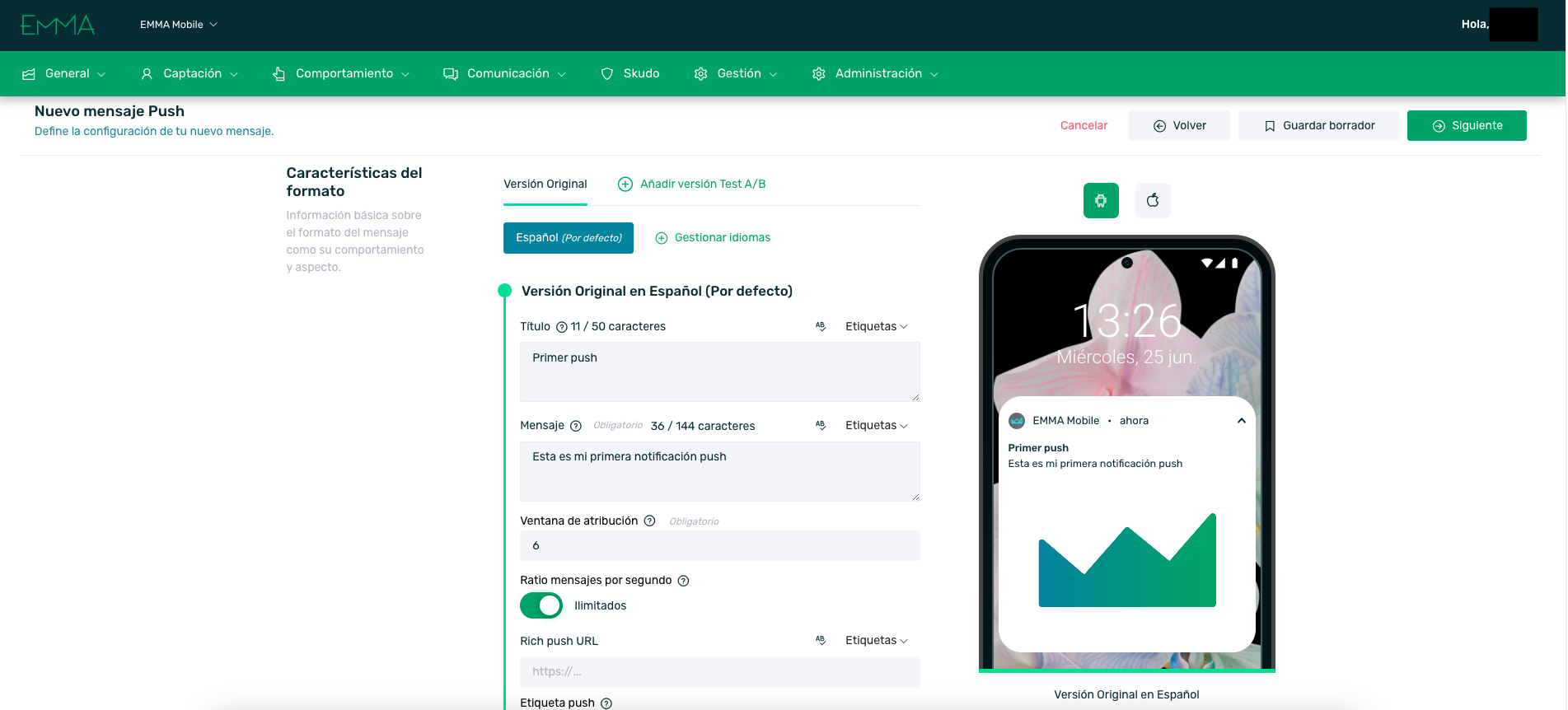 Interfaz de EMMA para la configuración de notificaciones push, integrando la atribución con la comunicación en tiempo real para activar el First-Party Data.
