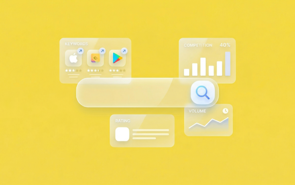 Interfaz de búsqueda con efecto de cristal sobre fondo amarillo, mostrando métricas de palabras clave, volumen de búsqueda y competencia para una estrategia ASO de aplicaciones móviles