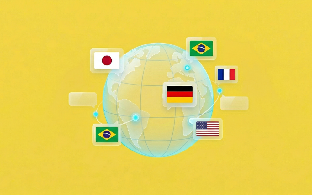 Ilustración minimalista de un globo terráqueo estilizado y translúcido flotando sobre un fondo amarillo hex #fae150. Varias tarjetas de 'cristal' flotantes con banderas regionales simplificadas (Japón, Brasil, Alemania, EE.UU.) están conectadas al globo por sutiles líneas de red, representando los mercados internacionales sin texto adicional