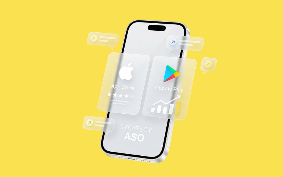 Ilustración minimalista sobre fondo amarillo de un smartphone 3D mostrando iconos de App Store y Google Play con gráficos de crecimiento y estrellas de valoración para estrategia ASO