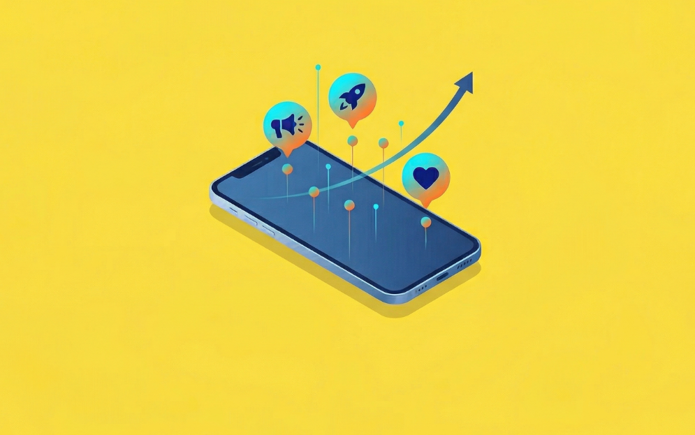 Isométrico de smartphone con iconos de notificaciones push, megáfono y cohete representando los touchpoints en mobile marketing.