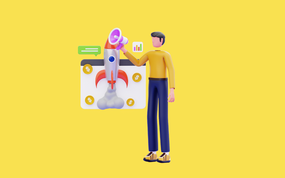 Ilustración 3D de un cohete despegando con un personaje y elementos de lanzamiento de app