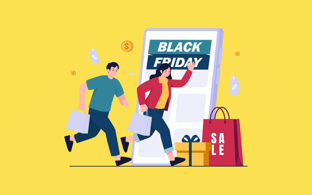 Ilustración de personas comprando desde una app móvil durante el Black Friday