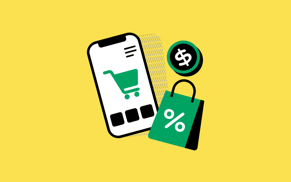 Ilustración de un smartphone con carrito de la compra, bolsa de descuentos y moneda, representando el ecosistema y la retención en apps de ecommerce.