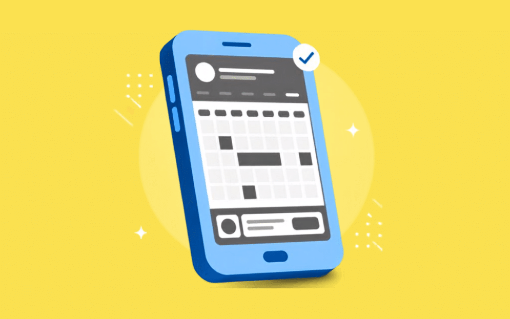 Ilustración isométrica de un smartphone con una app de calendario y un check de confirmación, sobre fondo amarillo, representando la planificación de apps en septiembre