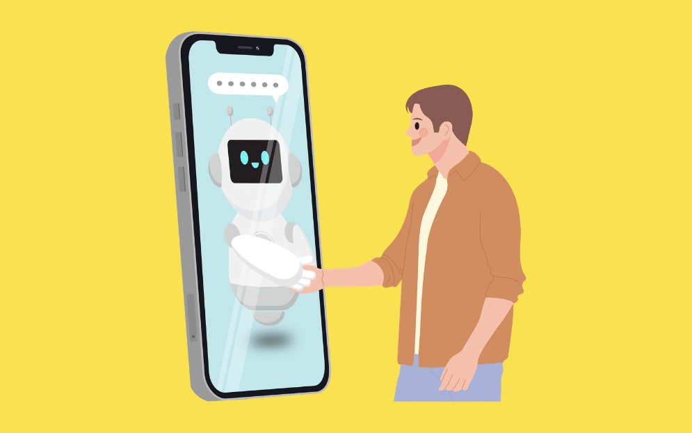 Ilustración de un usuario interactuando con un agente de IA autónomo dentro de una pantalla de smartphone, simbolizando el comercio agéntico y la automatización móvil en apps.